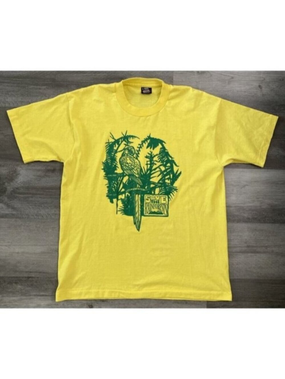 VTG Save The Rainforests Parrot T Shirt Single Stitch FoL Best Yellow USA Large